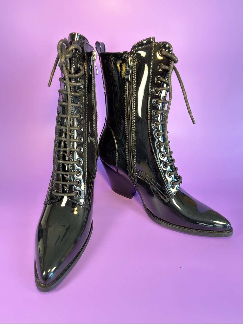 Bello Star Black Patent Goth Lace-Up Ankle Boots - Picture 2 of 8